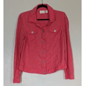 Chicos Jacket Womens Medium‎ Linen Cotton Lace Sleeve Pink Button Down Boho Chic